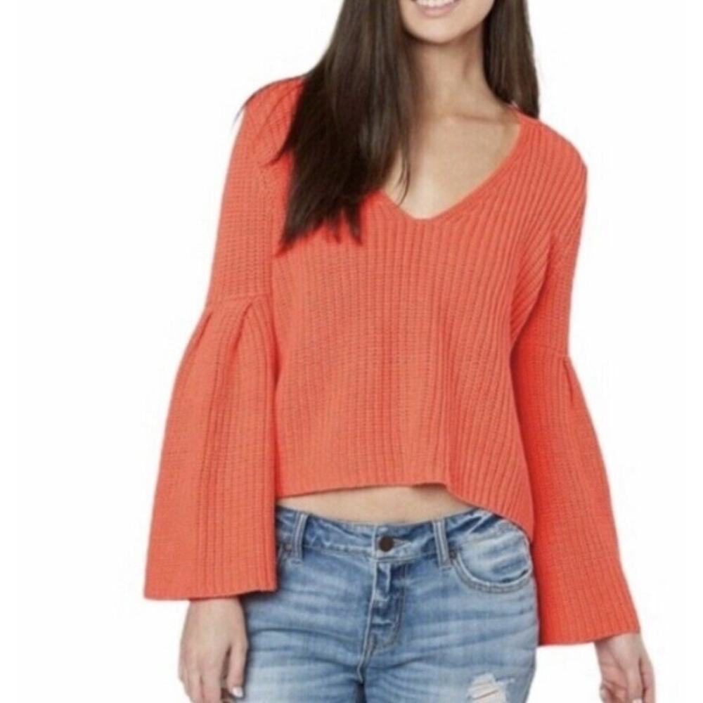 Free People Sweater Coral Chunky V Neck Bell Sleeve XS